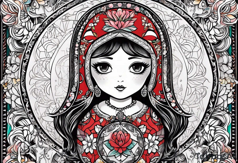 Russian doll with geometric design, surrounded by tapestry tattoo idea