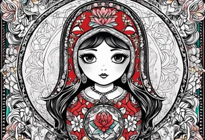 Russian doll with geometric design, surrounded by tapestry tattoo idea