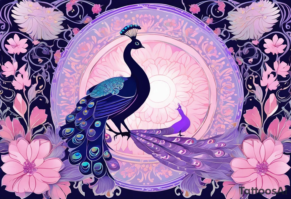 An Art Nouveau-mandala fusion illustration of a twilight sakura garden with glowing peafowls. The garden is filled with pink and lavender sakura blossoms, and exotic peafowls with ethereal, glowing feathers spread their tails. Each feather is decorated with intricate mandala details. The garden is bordered by Art Nouveau-inspired curved lines and delicate scrollwork that lead into concentric circles of cherry blossoms and vines. The color palette is a soft blend of blush pinks, lilacs, and deep indigo, with a hint of golden light illuminating the scene like lanterns. A mist of magic floats around, adding an enchanting glow to this peaceful, floral sanctuary. tattoo idea