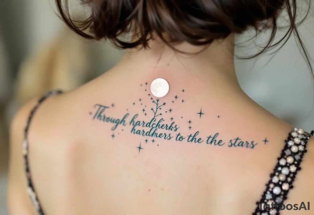 Flowing in teal ink across the spine, “Through hardships to the stars” is crowned with a glowing white moon. tattoo idea