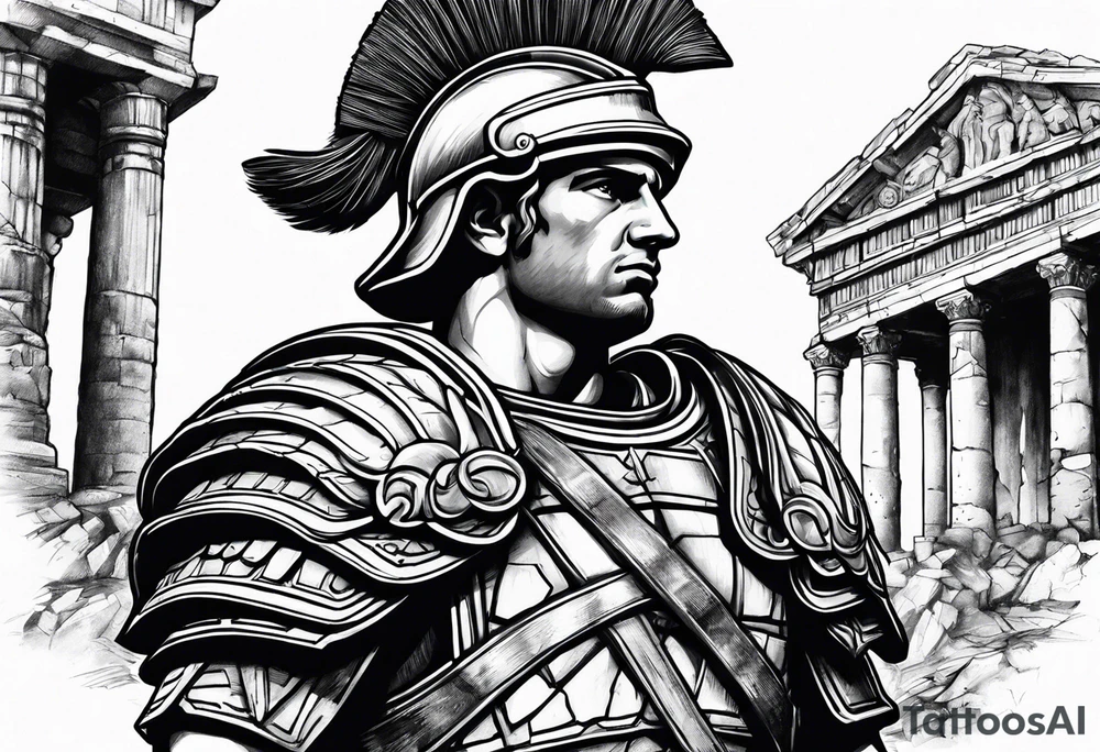 Roman soldier looking right at  ruins tattoo idea