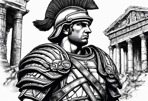 Roman soldier looking right at  ruins tattoo idea
