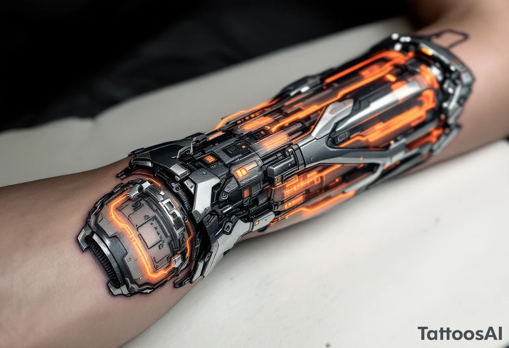 A high-tech cybernetic arm with transparent panels revealing glowing orange hydraulic lines and microchips embedded in titanium bones. tattoo idea