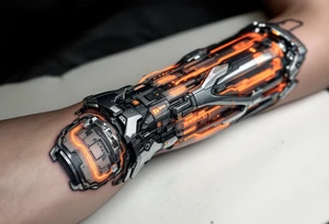 A high-tech cybernetic arm with transparent panels revealing glowing orange hydraulic lines and microchips embedded in titanium bones. tattoo idea