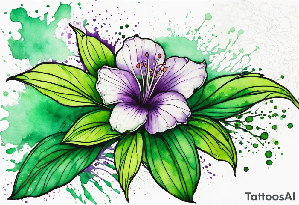 An outline of an only green rio dipladenia flower and a green and purple watercolor splash in the background tattoo idea
