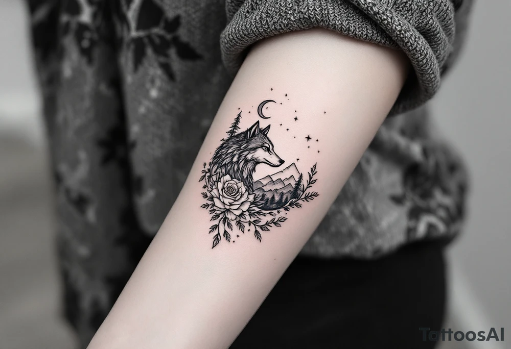 Rose vine with wolf, moon and stars mountains wrap tattoo idea