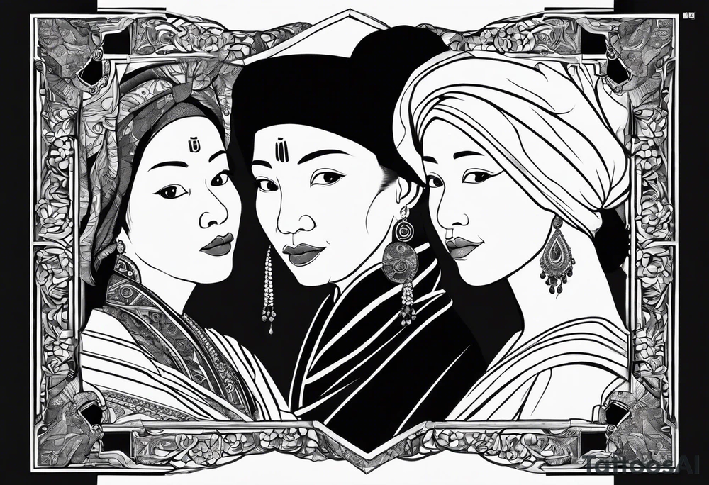 three people leaning against each other. on the left a really very young african daughter, in the middle a german mother, on the right a really very old asian grandmother. big difference in age, in an artfully decorated frame tattoo idea