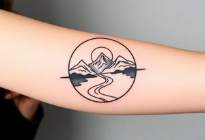 mountains. river and sunrise, let it all be inside one circle. draw a line and divide the circle into two parts, let one part be like day and the other part like night tattoo idea