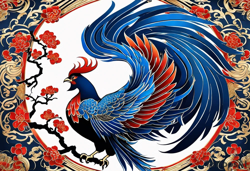 Create an intricate tattoo design of a Japanese phoenix in traditional Irezumi style. The phoenix should have a majestic and dynamic pose, with flowing feathers that exhibit traditional Japanese tattoo patterns. Its skin color should be a rich blue with varying shades, creating a sense of depth and movement. Include traditional Irezumi elements like clouds, waves, and subtle flames, blending them harmoniously with the phoenix. The tattoo should have a dramatic, detailed look with bold outlines and shading. Incorporate the Aquarius symbol discreetly within the design, possibly hidden among the feathers or subtly integrated into the background, to blend seamlessly with the overall artwork. tattoo idea