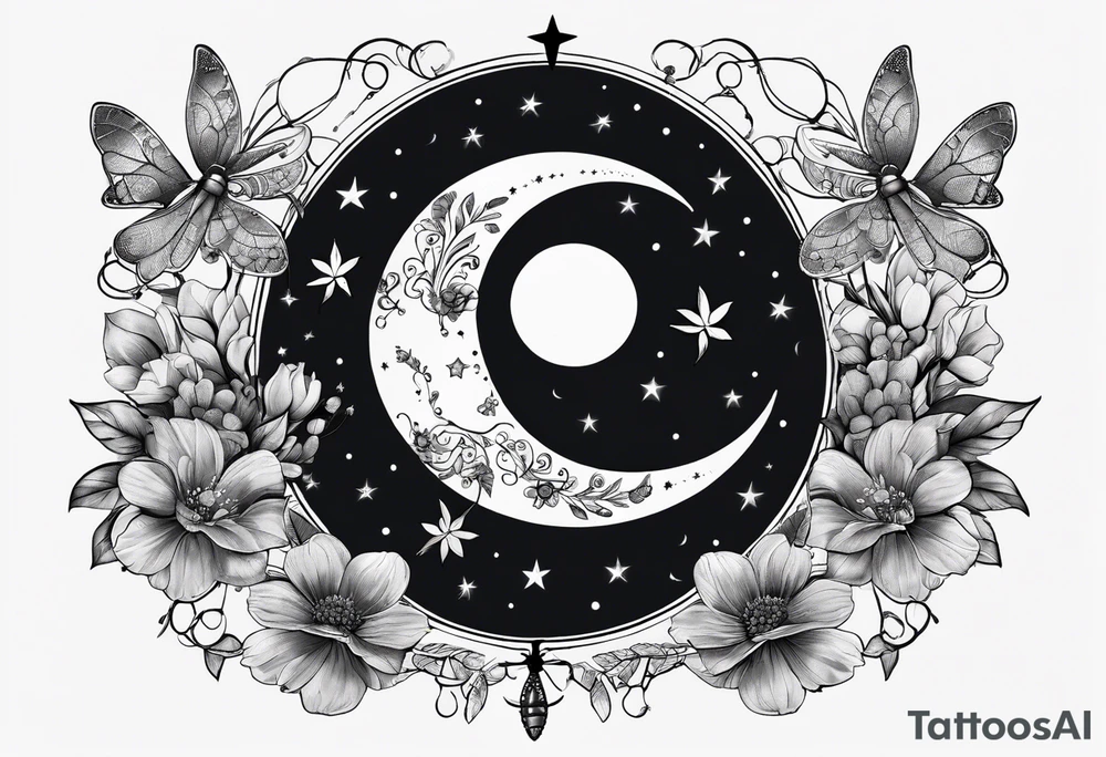 Floral moon phases with dragonfly and chain with stars in a line tattoo idea