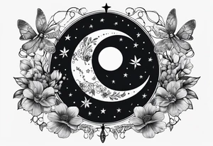 Floral moon phases with dragonfly and chain with stars in a line tattoo idea