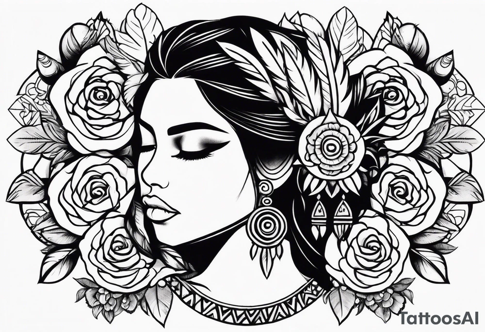 Aztec princess, feather roses tattoo idea