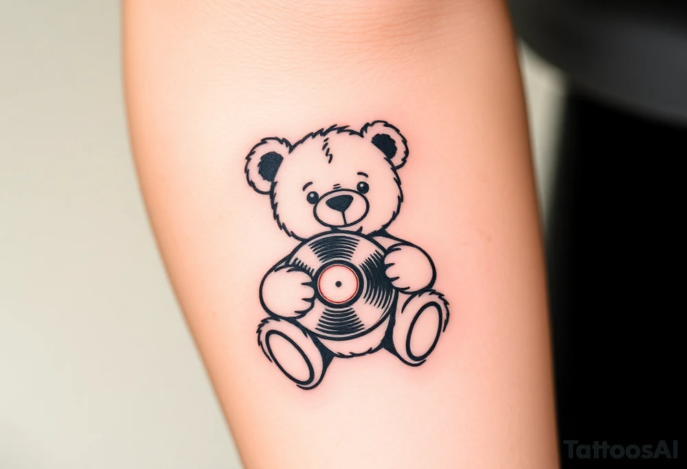minimalist teddy bear smiling and holding a vinyl record tattoo idea