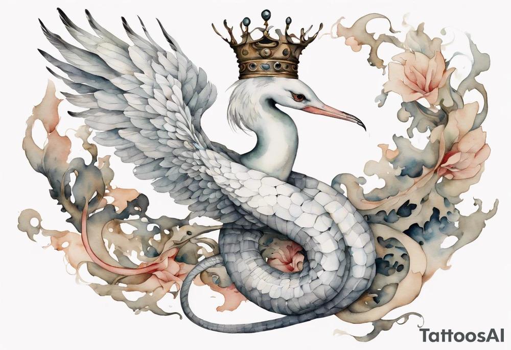 a watercolor of a white bird-serpent hybrid wearing an iron crown, flying tattoo idea