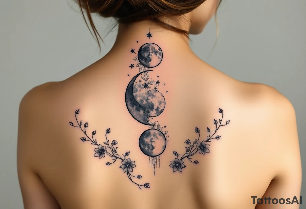 Phases of the moon detailed down the spine details on the moon. With vines and stars and flowers along the sides down beside the phases of the moon tattoo idea