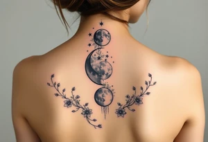 Phases of the moon detailed down the spine details on the moon. With vines and stars and flowers along the sides down beside the phases of the moon tattoo idea