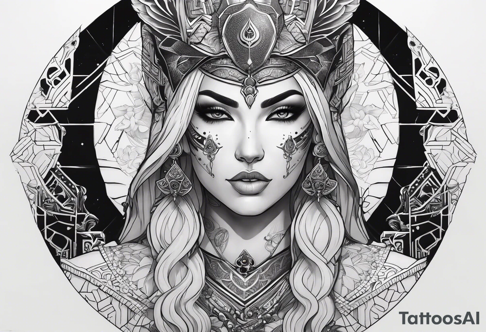 kali ma, alien goddess, valkrye, aries, pirate, divine feminine, zenza resonance, pachamama, lotus azul, blank panther, eagle, skull, 5D, nueva gaya, dna 12, left side chest tatoo tattoo idea