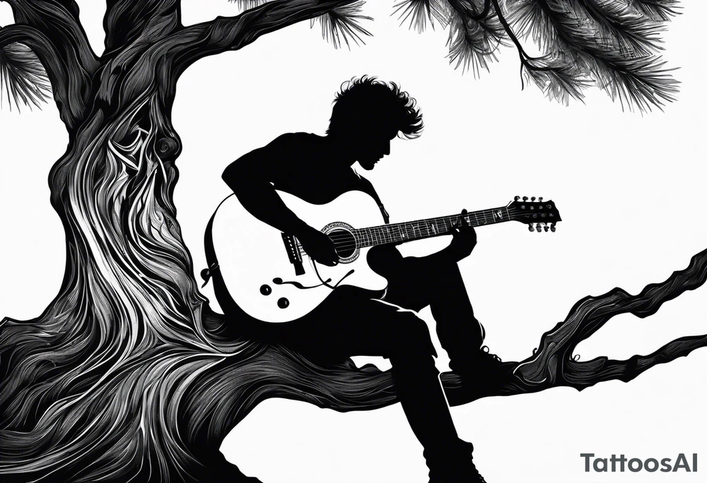 silhouette of a man sitting on a pine tree branch, playing electric guitar tattoo idea