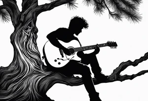 silhouette of a man sitting on a pine tree branch, playing electric guitar tattoo idea