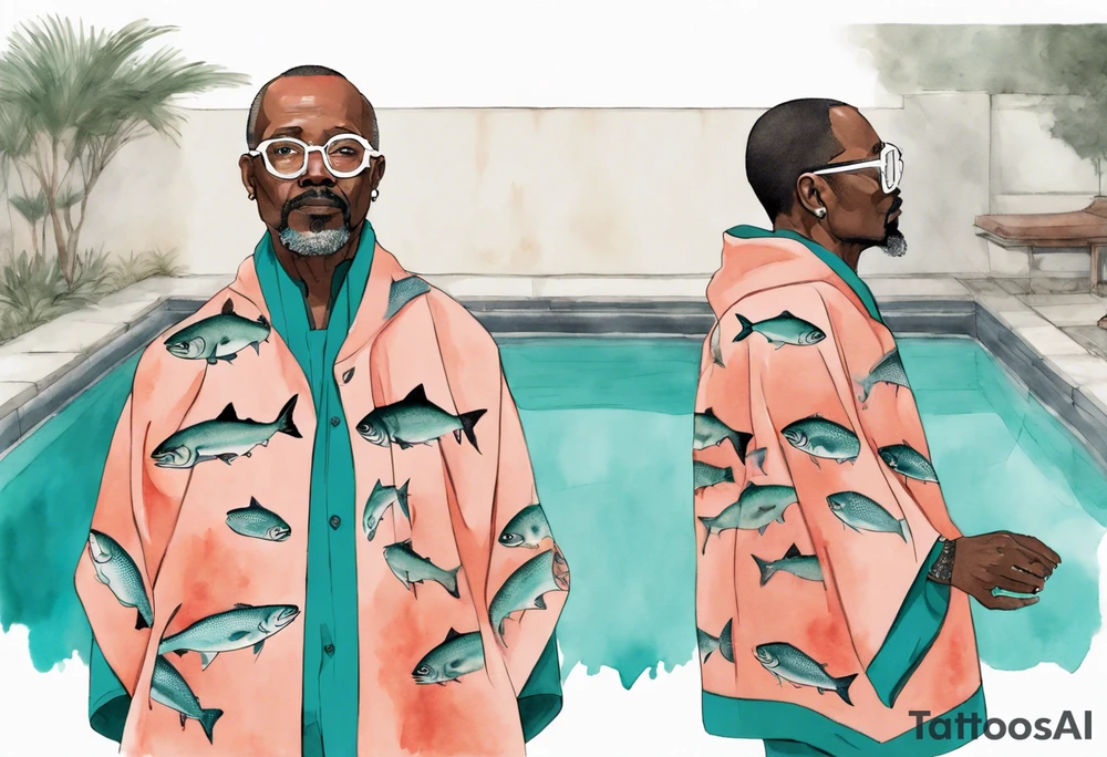 a 50-year-old black man wearing salmon and teal cloak and round glasses standing by a pool filled with salmon tattoo idea