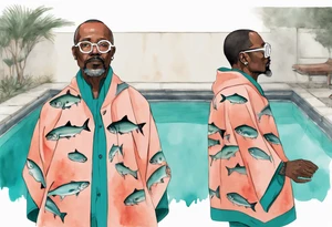 a 50-year-old black man wearing salmon and teal cloak and round glasses standing by a pool filled with salmon tattoo idea