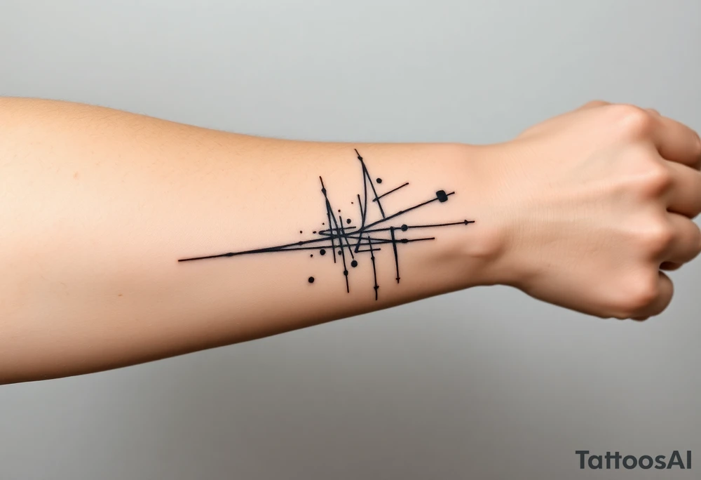 Abstract black line tattoo for a male.
Irregular, broken, sketch-like lines with sharp direction changes.
Non-elegant, non-minimal, non-feminine.
Raw hand-drawn tattoo stencil style.
Black ink only, no shading, no smooth curves.
Inner forearm wrapping around the elbow. THESE ARE SO COMPLEX. I DONT WANT THAT tattoo idea