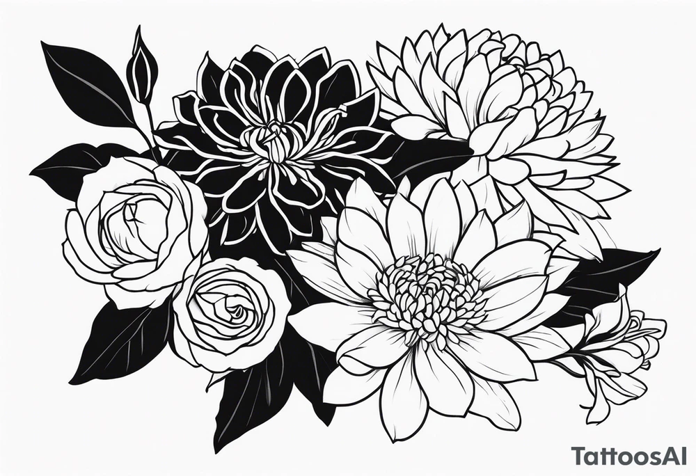 Asters, roses, lillies, and chrysanthemums in a long line tattoo idea