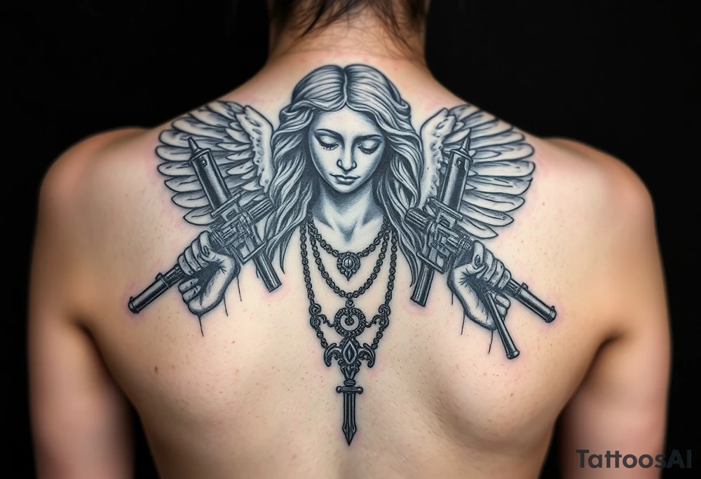old angel statue in criminal style, tattooed and at the same time contemporary, weapons in hand, gangster-style gold necklaces tattoo idea