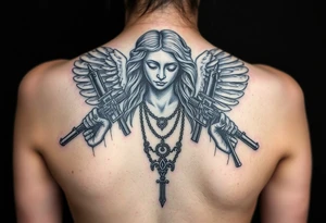 old angel statue in criminal style, tattooed and at the same time contemporary, weapons in hand, gangster-style gold necklaces tattoo idea