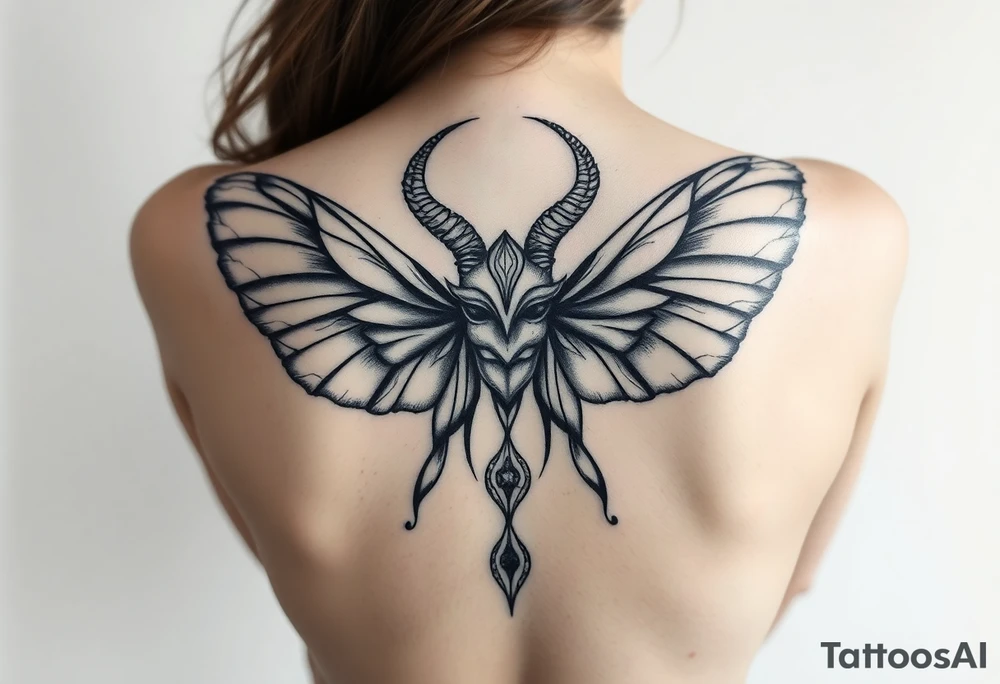 A powerful extremely sexy depiction of a start date with angel wings resembling that of a lunar moth and horns resembling the moths antennas with the son of of her head as if a Halo with two crescent men's off to each side full frontal tattoo idea