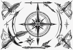 bow arrow with compass in the middle tattoo idea