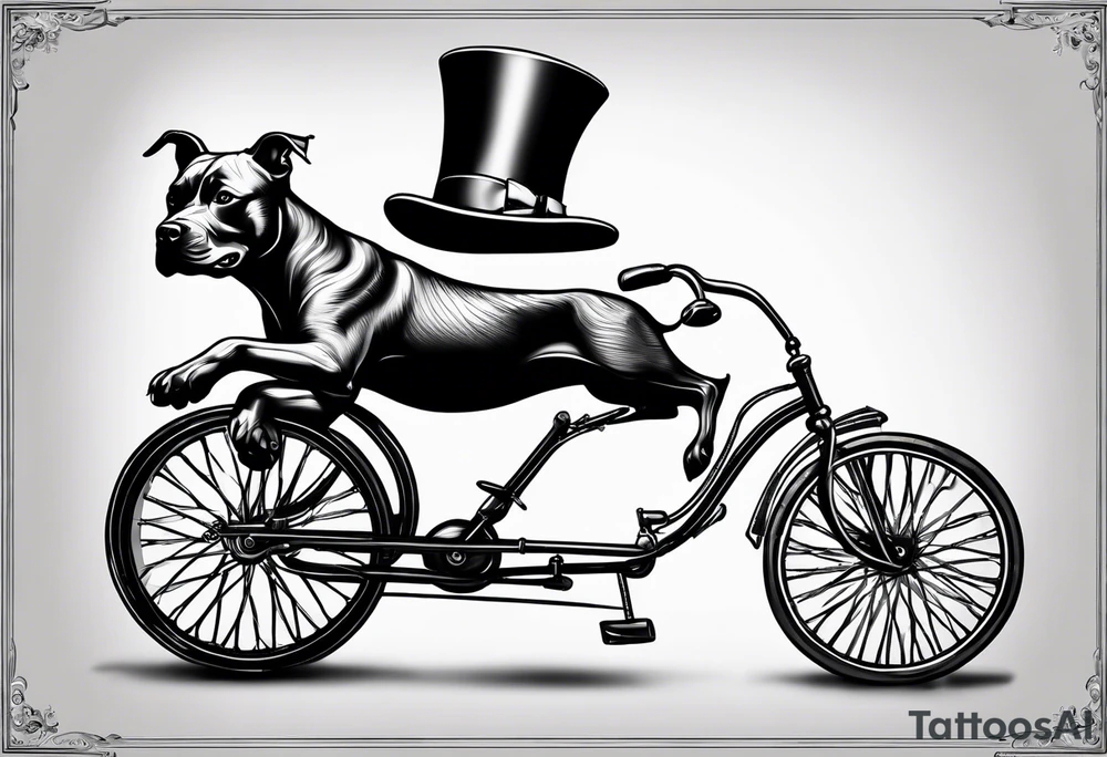 Pittbull wearing a tophat riding a tricycle tattoo idea