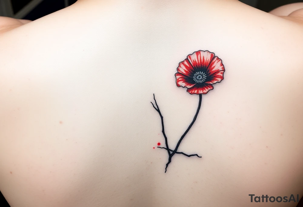 One line only drawing, artsy style, poppy growing up from cracks in pavement, red watercolor airbrush on poppy only, back of ankle/heel or back of upper arm, more artistic rendering of cracks, very minimal/simplistic design tattoo idea