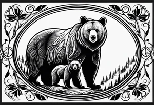 mother bear and cub simple inside oval tattoo idea