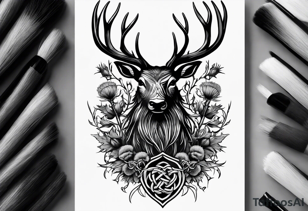 three thistles + Celtic knots + a stag + three ravens + the phrase "always remember there is nothing worth sharing like the love that let us share our names" tattoo idea