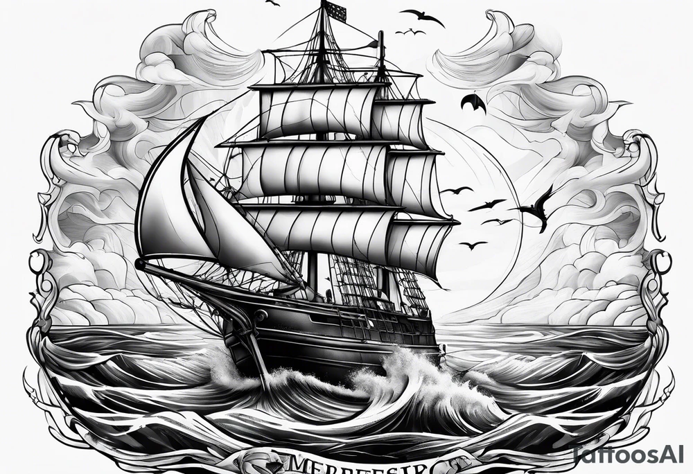 ghost marine lighthouse behind the bow of a sailboat. tattoo idea