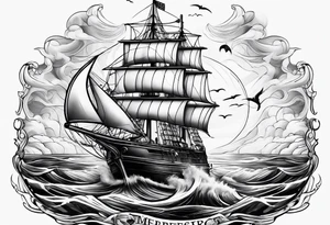 ghost marine lighthouse behind the bow of a sailboat. tattoo idea