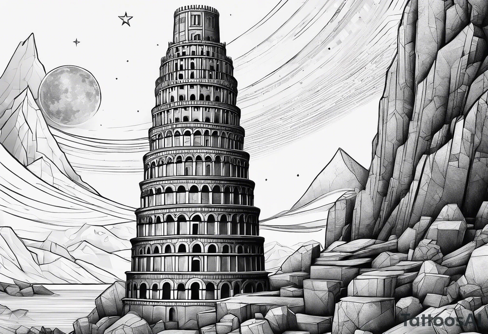 Babel tower with a cosmic background tattoo idea