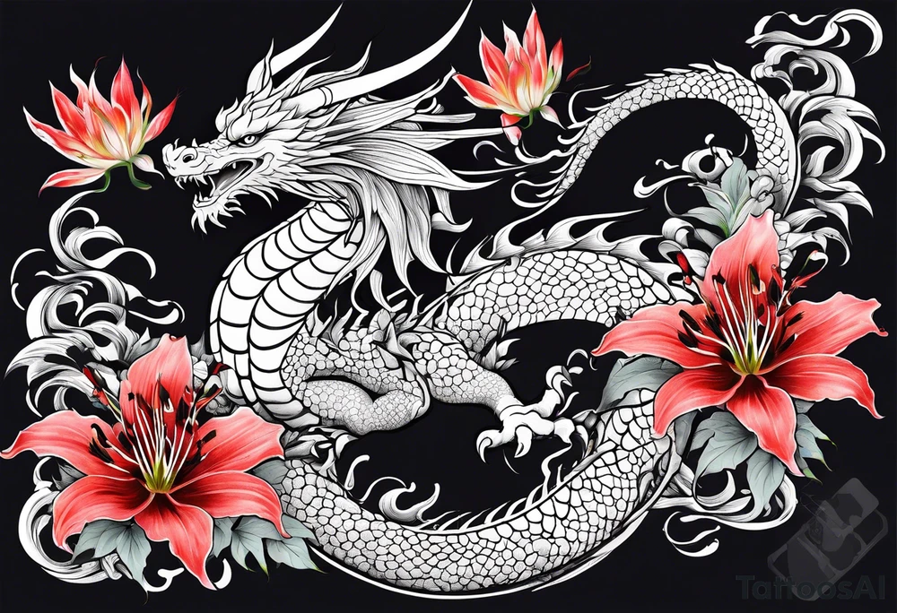 full Dragon with red Spider lilies surrounding it tattoo idea