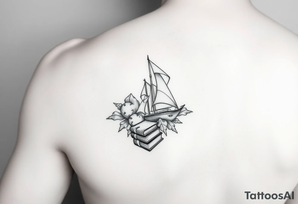 A black and white tattoo that will go on side of the wrist. This is for someone who loves ocean, travel and books. tattoo idea