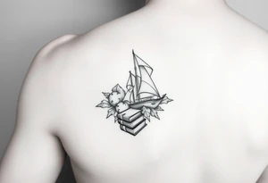 A black and white tattoo that will go on side of the wrist. This is for someone who loves ocean, travel and books. tattoo idea