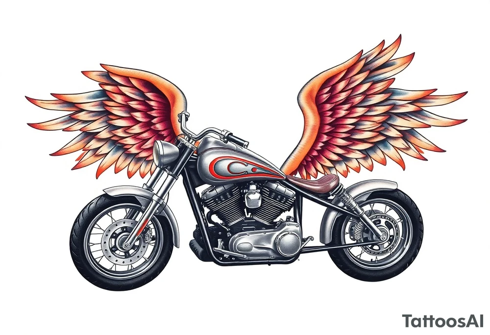 Low rider grey motorcycle, flames, angel wings tattoo idea