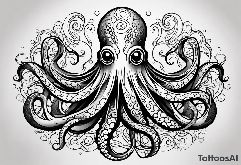 Tribal half sleeve. octopus surrounded by ribbons of water waves filled with fish. the octopus has small eyes. Use thick lines only with less detail. tattoo idea