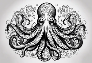 Tribal half sleeve. octopus surrounded by ribbons of water waves filled with fish. the octopus has small eyes. Use thick lines only with less detail. tattoo idea