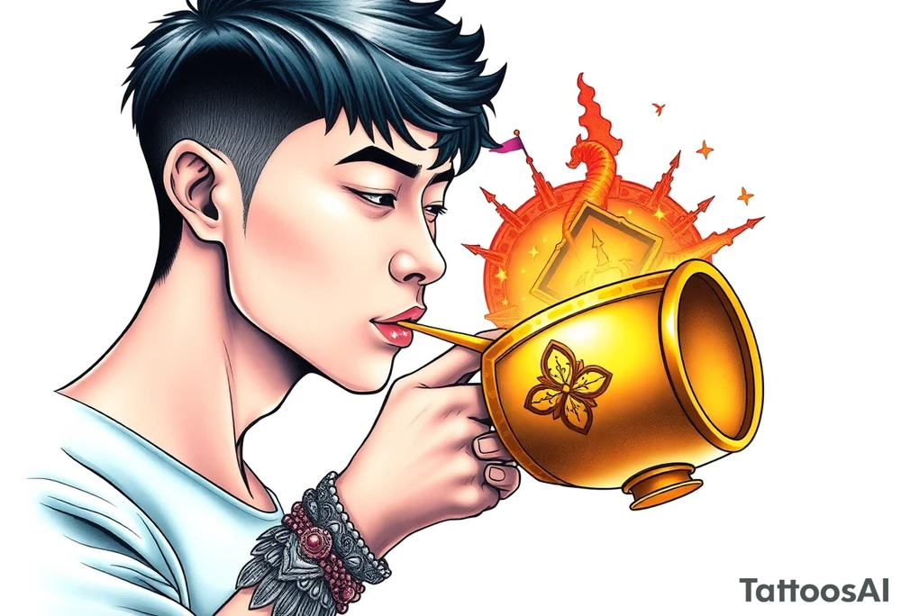 Handsome Asian young guy is drinking from medieval golden cup tattoo idea