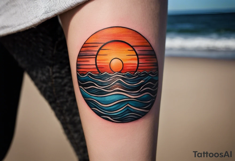This tattoo needs to be incredibly simple and minimal. It's a sunset from the perspective of being on a boat on the ocean. The waves are very calm and there is no land in site. There are slight reflections of the sun on the water. The tattoo will be in landscape orientation. Mostly black with small splashes of color from the sun. There should be no objects in the tattoo besides the sun, water, and maybe some clouds and a bird or two. No land or boats. tattoo idea