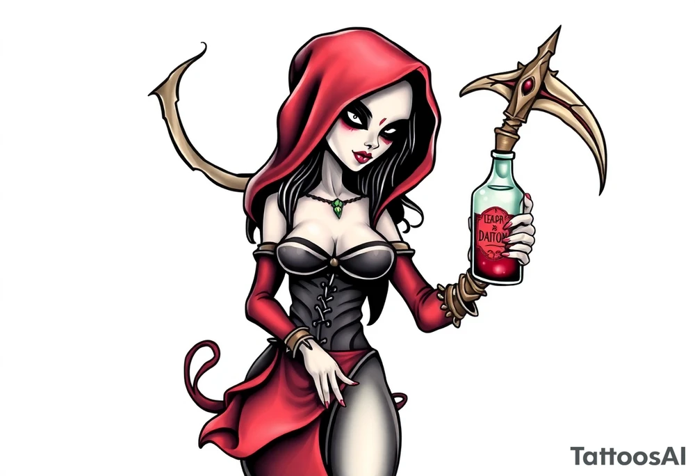 Sexy  xxx Female grim. Reaper and her
 death poison bottle tattoo idea