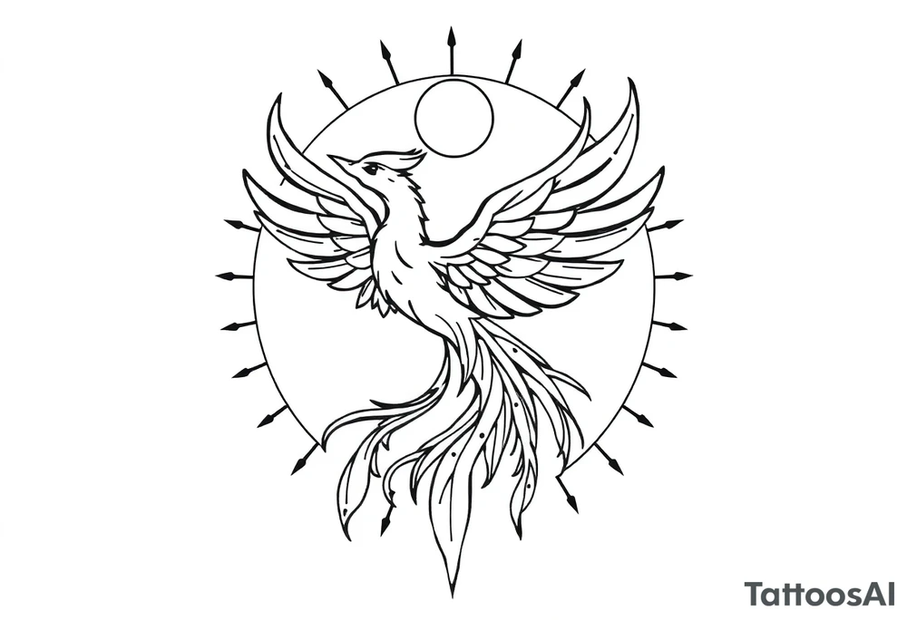 magical phoenix rising from golden flames with trailing embers surrounded by geometric sun and moon tattoo idea