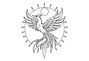 magical phoenix rising from golden flames with trailing embers surrounded by geometric sun and moon tattoo idea