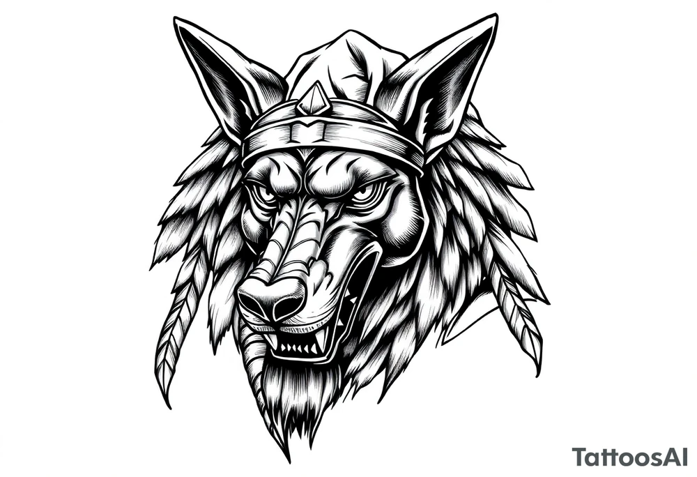 Egyptian Anubis god powerful face muscle in Egypt style with mantle on head dog face long ears tattoo idea